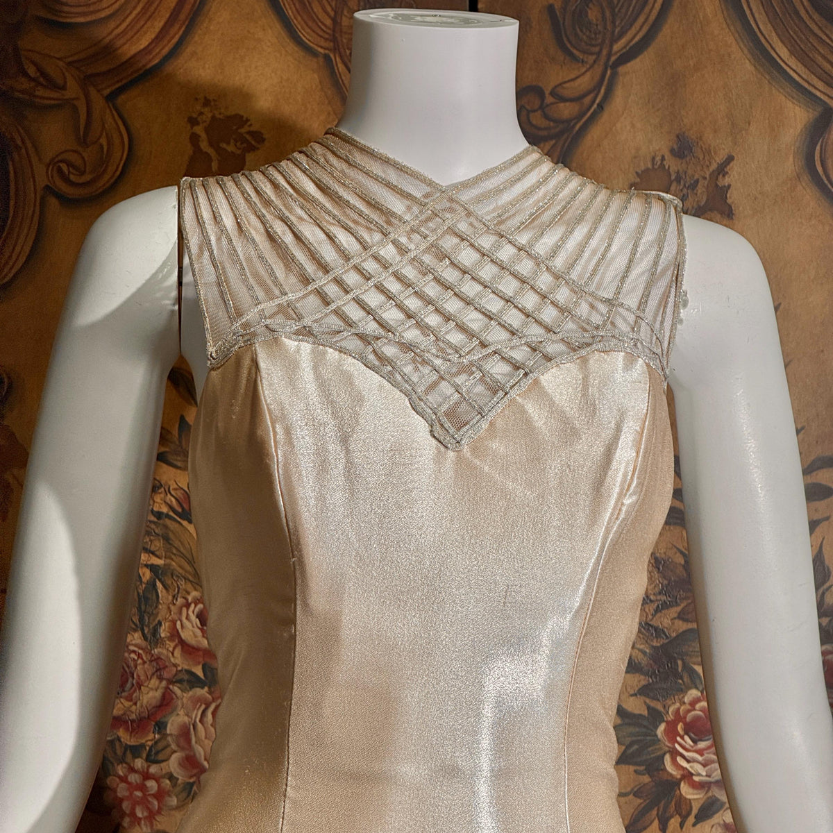 vintage 1990s wedding dress gown, ALFRED ANGELO Champagne Satin Cage Top gown