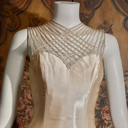 vintage 1990s wedding dress gown, ALFRED ANGELO Champagne Satin Cage Top gown