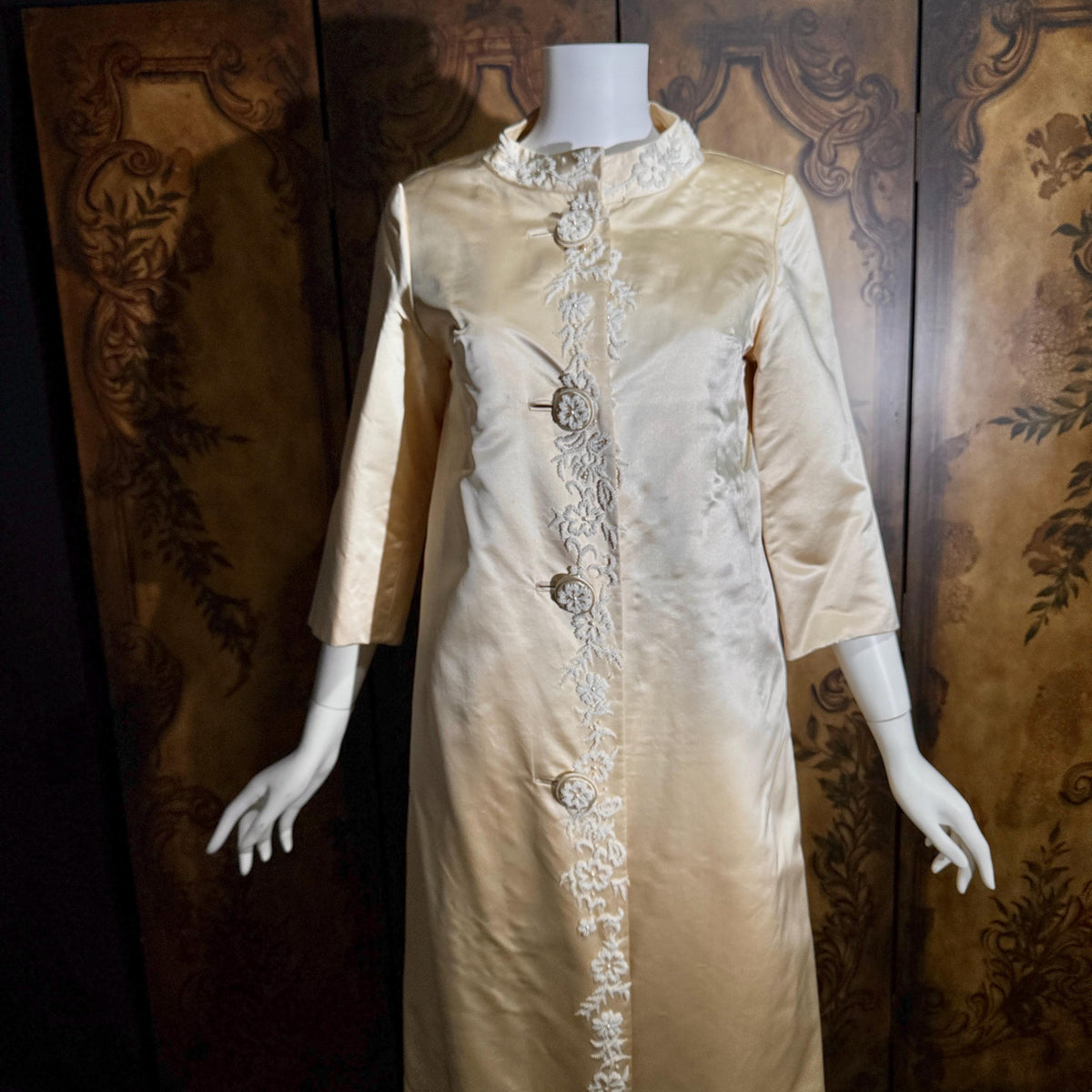 vintage 1960s evening wedding coat, Champagne Silk Maxi Opera Coat