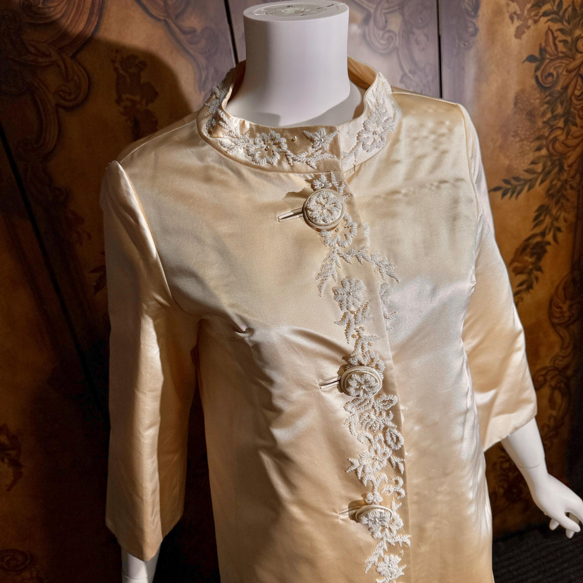 vintage 1960s evening wedding coat, Champagne Silk Maxi Opera Coat