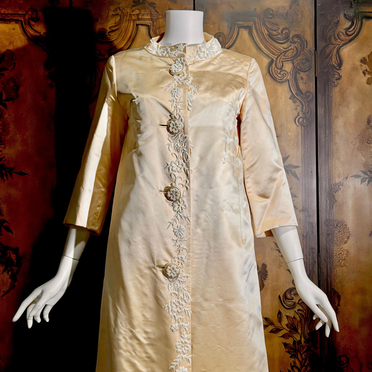 vintage 1960s evening wedding coat, Champagne Silk Maxi Opera Coat