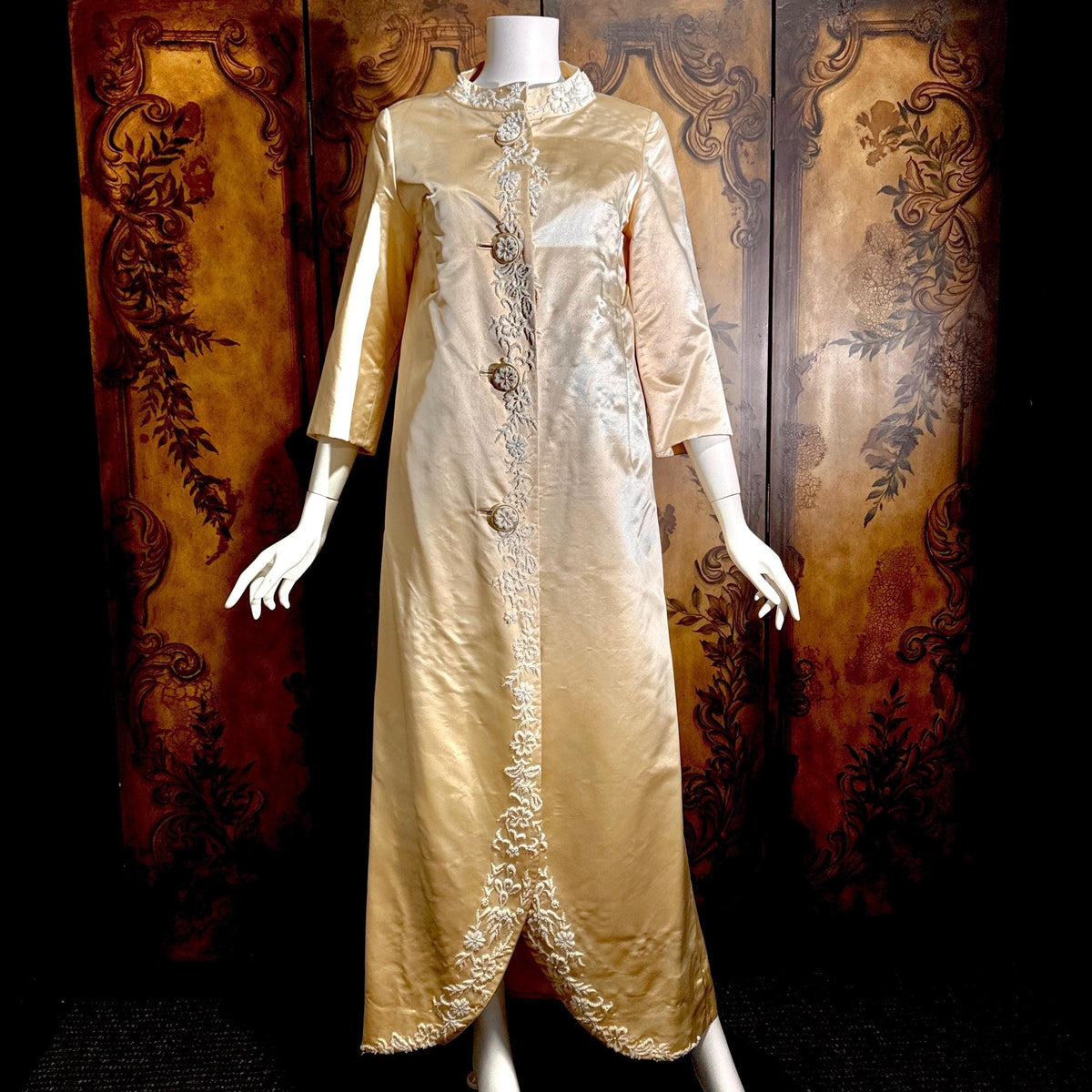 vintage 1960s evening wedding coat, Champagne Silk Maxi Opera Coat