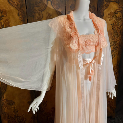 vintage Nightgown Robe Peignoir Set, VANITY FAIR 1960s Sheer peach lace pleats rosettes