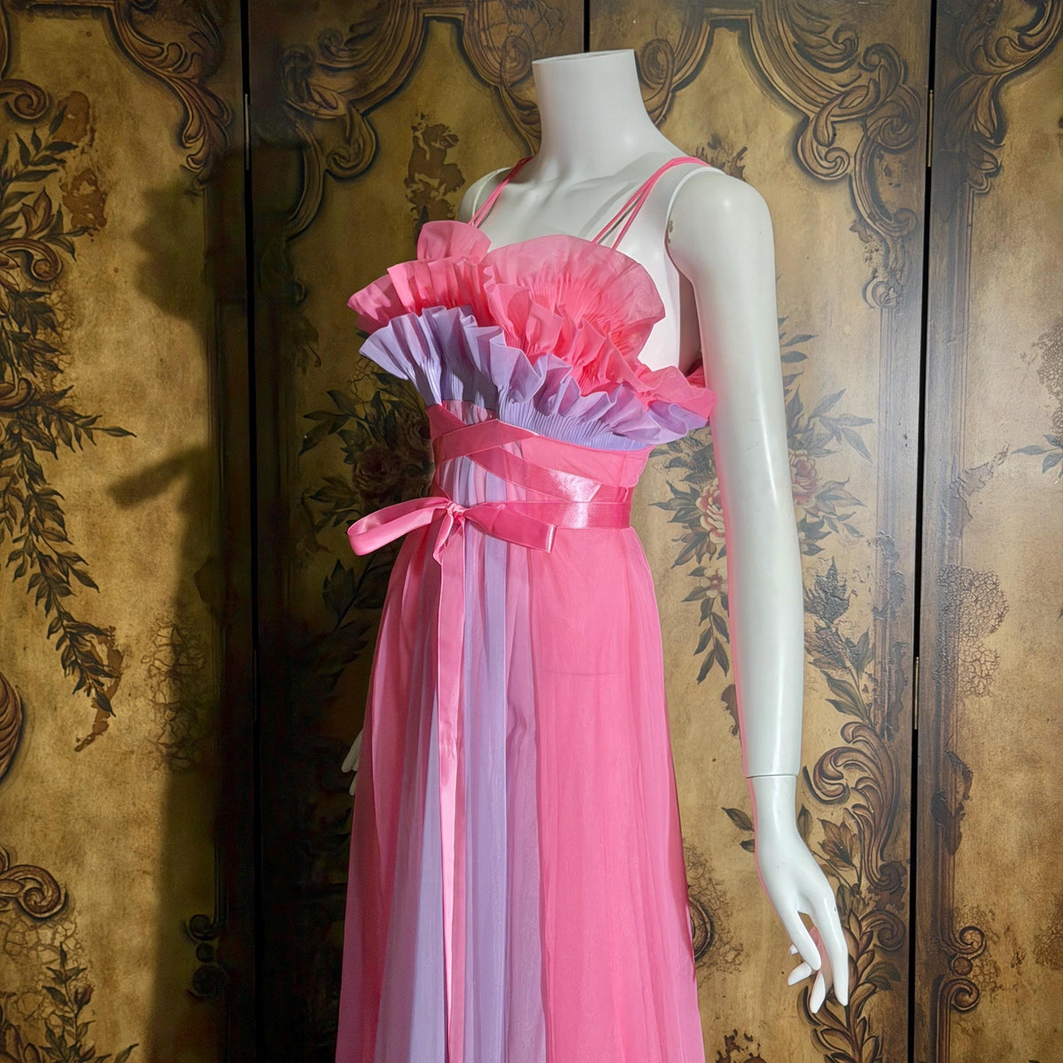 vintage nightgown slip dress, VANITY FAIR 1950s pink and purple sheer chiffon ruffles Grecian goddess gown