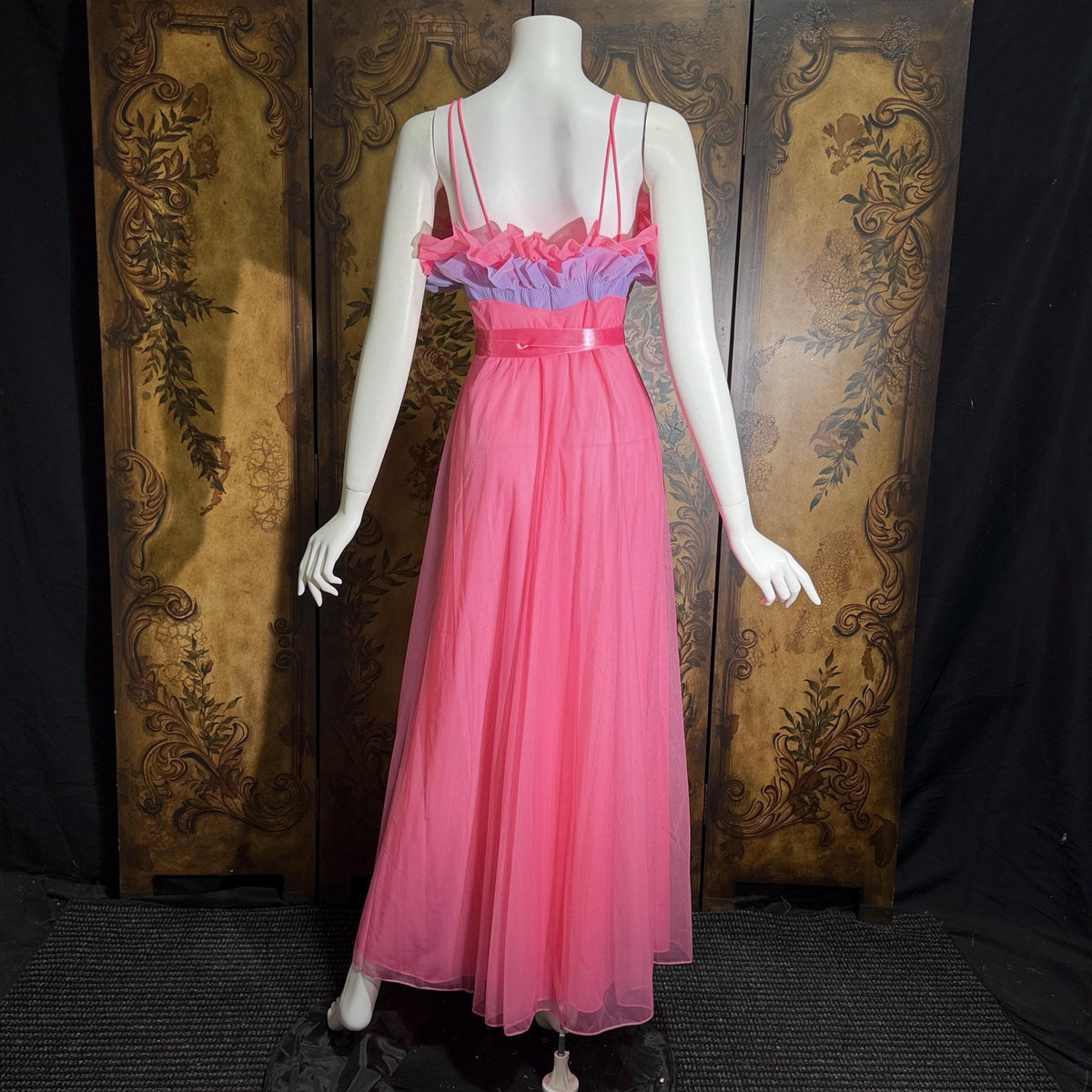 vintage nightgown slip dress, VANITY FAIR 1950s pink and purple sheer chiffon ruffles Grecian goddess gown