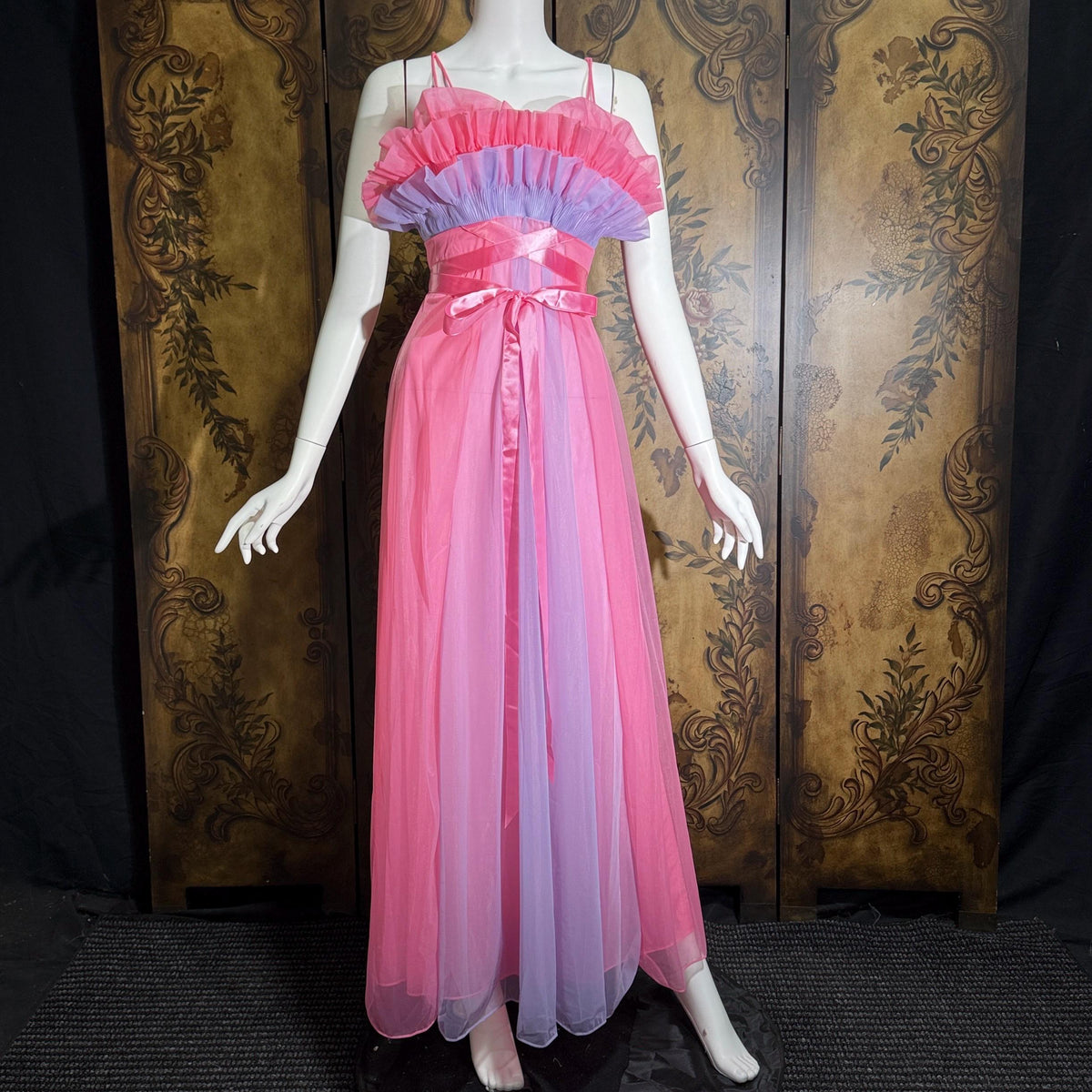 vintage nightgown slip dress, VANITY FAIR 1950s pink and purple sheer chiffon ruffles Grecian goddess gown