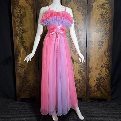 vintage nightgown slip dress, VANITY FAIR 1950s pink and purple sheer chiffon ruffles Grecian goddess gown