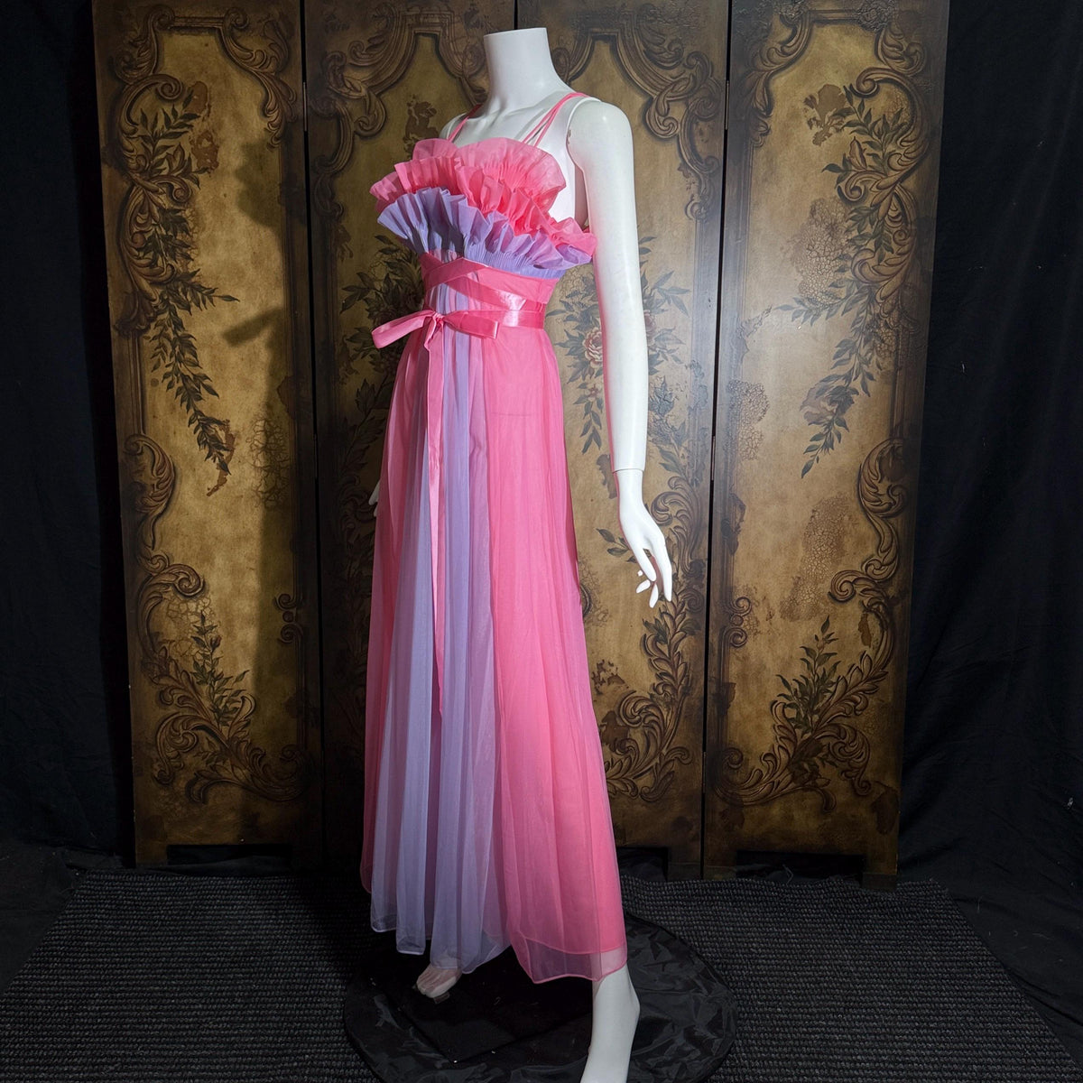 vintage nightgown slip dress, VANITY FAIR 1950s pink and purple sheer chiffon ruffles Grecian goddess gown