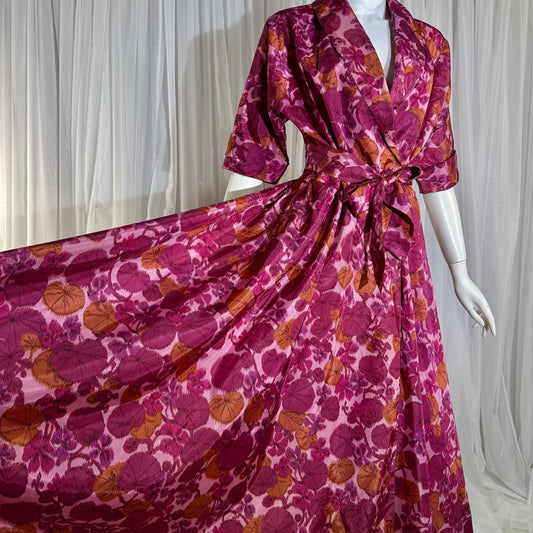 vintge 1940s dressing gown robe, MAXAN Magenta Pink Floral wrap front hostess dress
