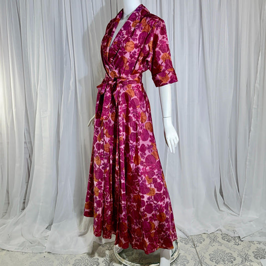 vintge 1940s dressing gown robe, MAXAN Magenta Pink Floral wrap front hostess dress