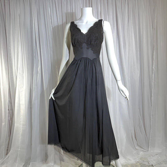 vintage Nightgown Slip Dress, VANITY FAIR 1950s sheer black nylon & lace full length lingerie dress