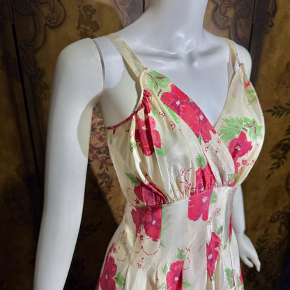 vintage 1940s Evening Ball Gown, Floral Taffeta full sweep formal slip dress
