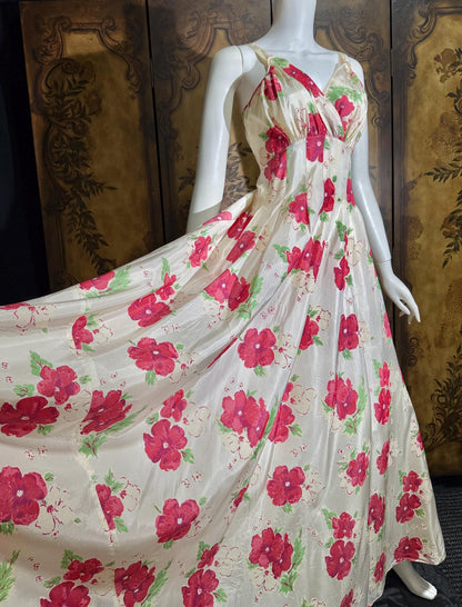 vintage 1940s Evening Ball Gown, Floral Taffeta full sweep formal slip dress