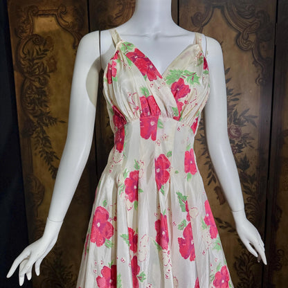 vintage 1940s Evening Ball Gown, Floral Taffeta full sweep formal slip dress