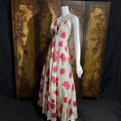 vintage 1940s Evening Ball Gown, Floral Taffeta full sweep formal slip dress