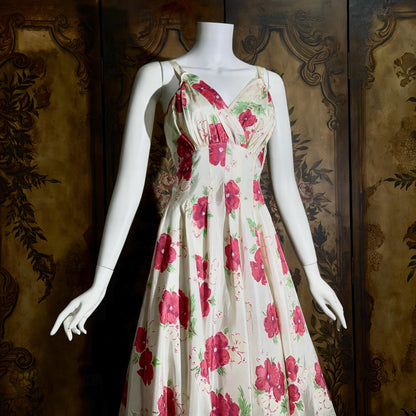 vintage 1940s Evening Ball Gown, Floral Taffeta full sweep formal slip dress