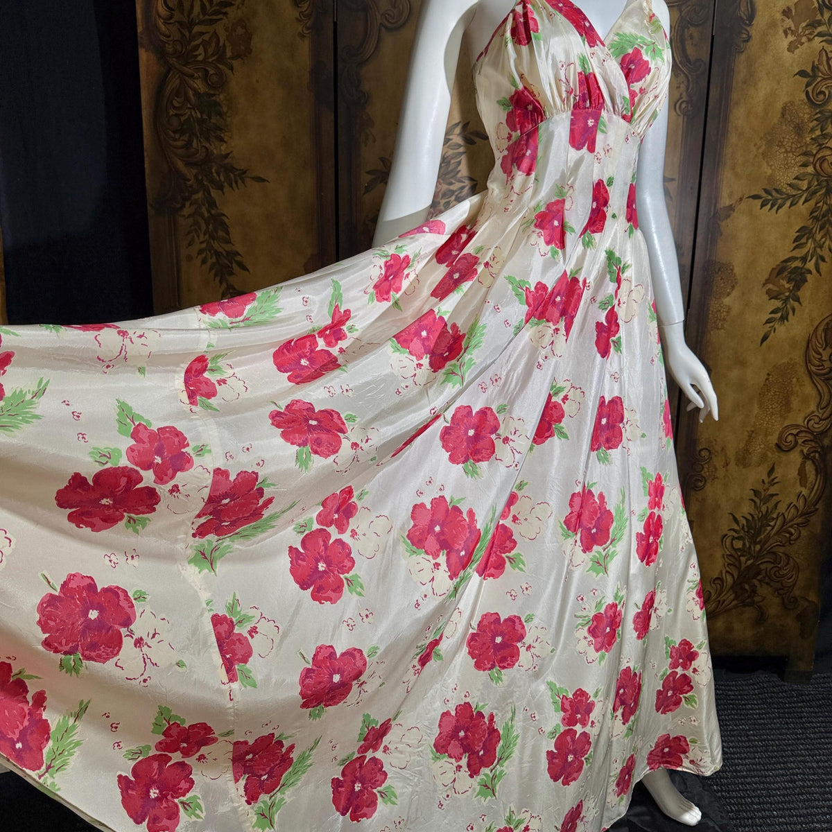 vintage 1940s Evening Ball Gown, Floral Taffeta full sweep formal slip dress