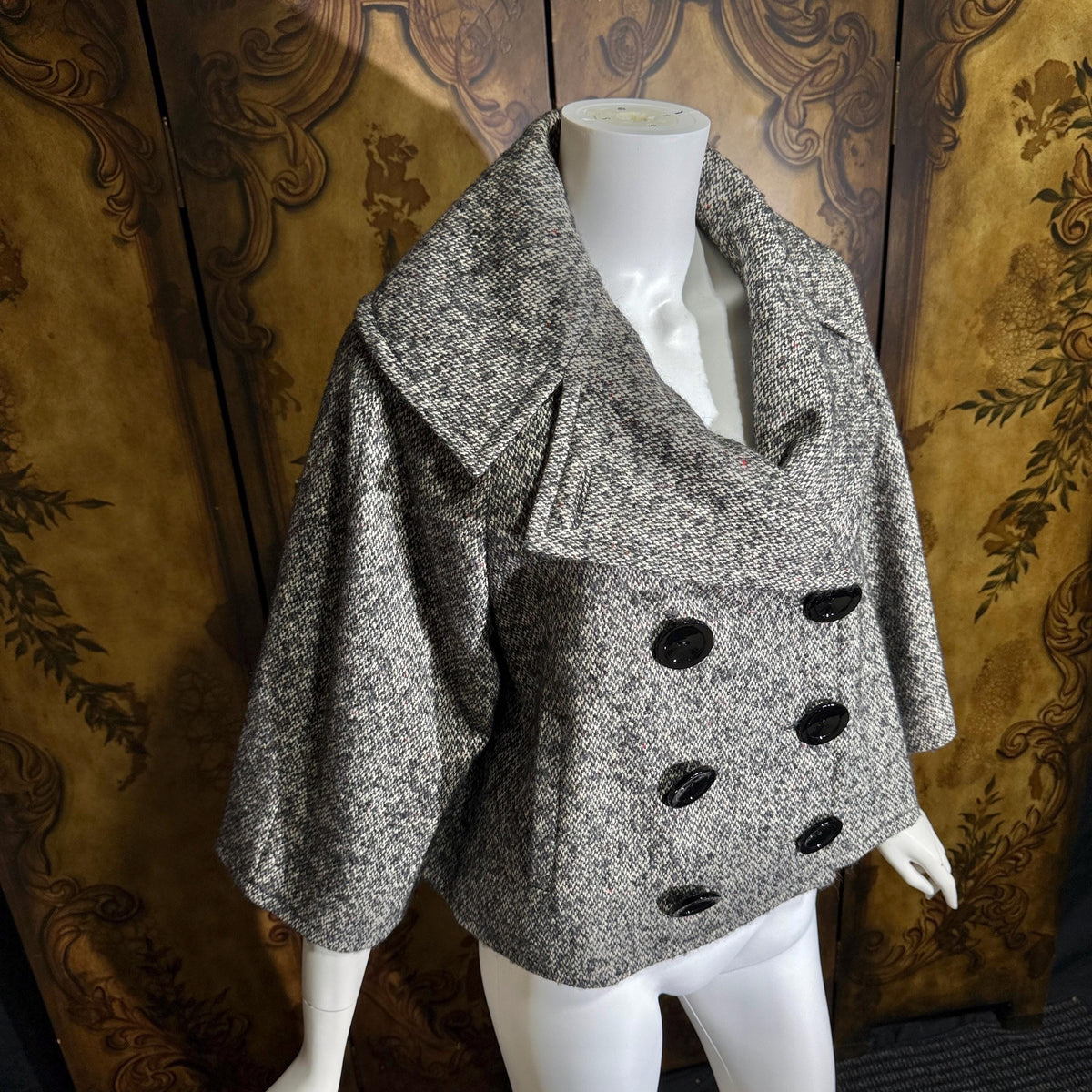 vintage Y2K jacket blazer, GIAMBATTISTA VALLI Black White Tweed wool cropped swing jacket Large
