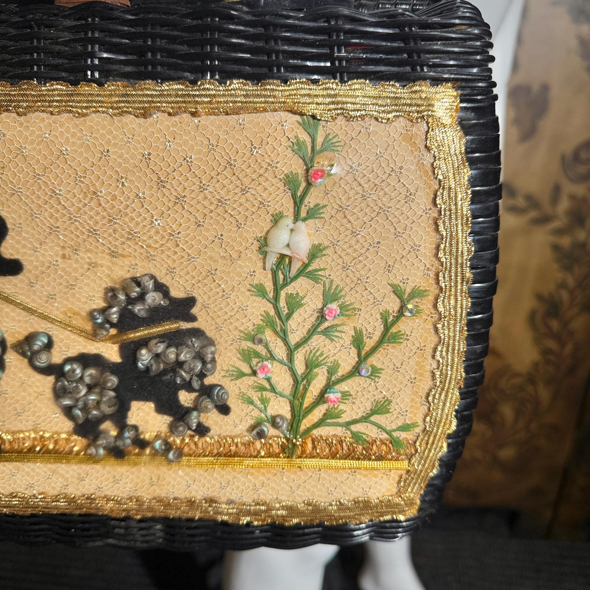 vintage 1950s Princess Charming Poodle purse, ATLAS Hollywood Florida black wicker box purse