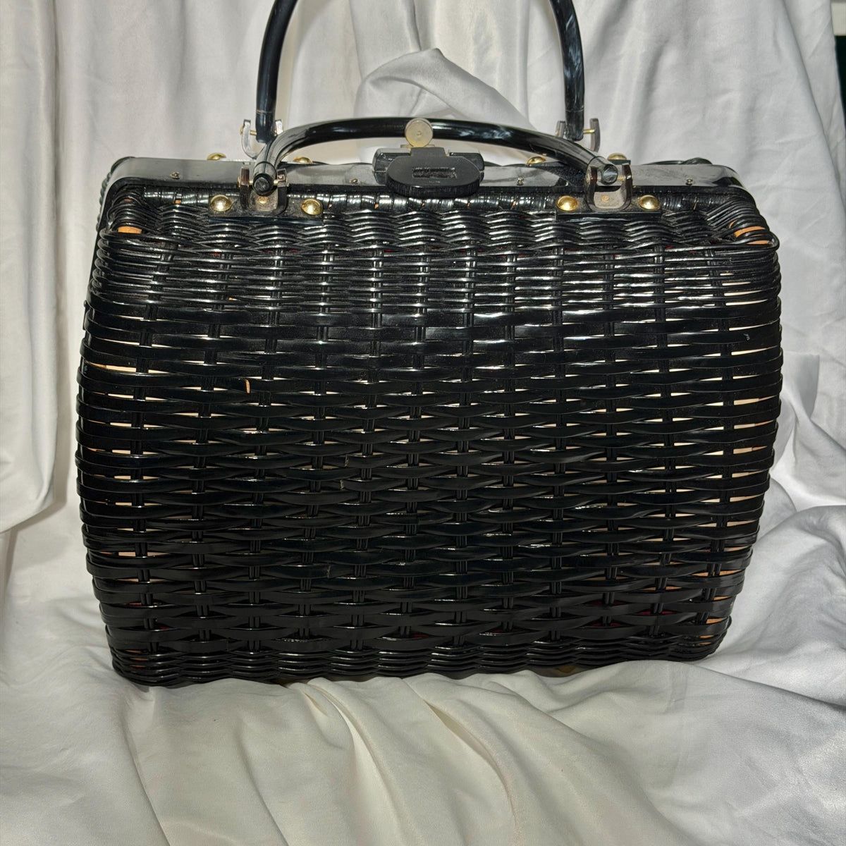 vintage 1950s Princess Charming Poodle purse, ATLAS Hollywood Florida black wicker box purse