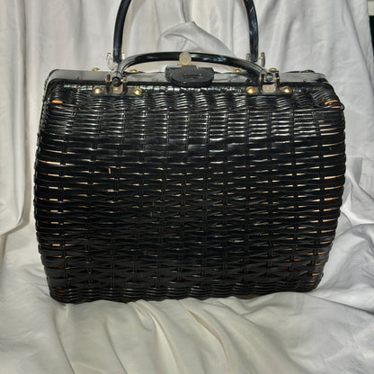 vintage 1950s Princess Charming Poodle purse, ATLAS Hollywood Florida black wicker box purse