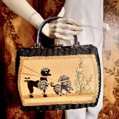 vintage 1950s Princess Charming Poodle purse, ATLAS Hollywood Florida black wicker box purse
