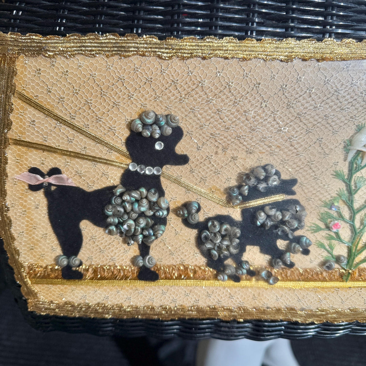 vintage 1950s Princess Charming Poodle purse, ATLAS Hollywood Florida black wicker box purse
