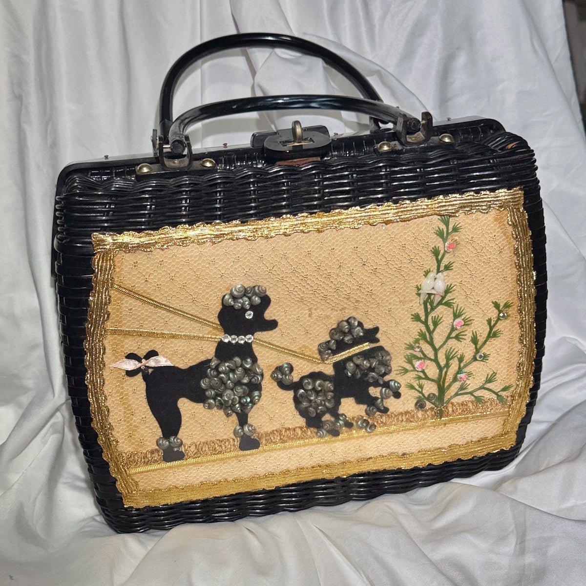 vintage 1950s Princess Charming Poodle purse, ATLAS Hollywood Florida black wicker box purse