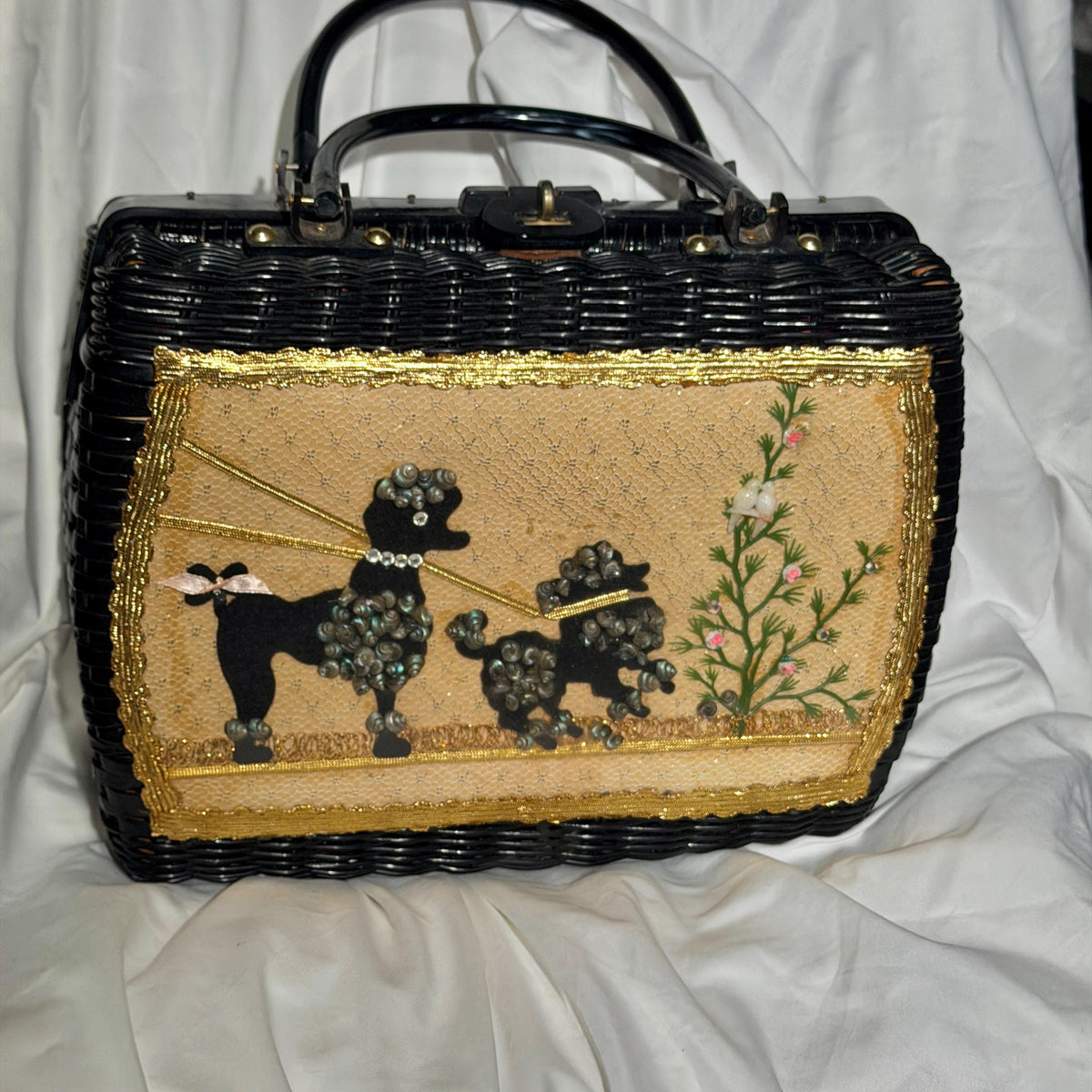 vintage 1950s Princess Charming Poodle purse, ATLAS Hollywood Florida black wicker box purse