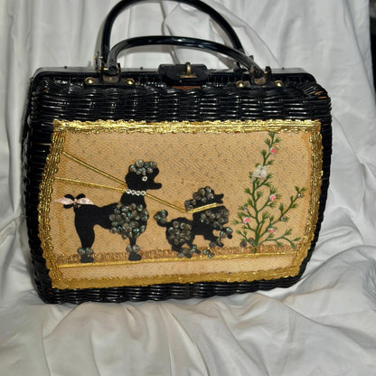 vintage 1950s Princess Charming Poodle purse, ATLAS Hollywood Florida black wicker box purse