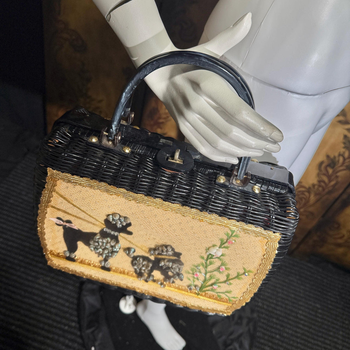 vintage 1950s Princess Charming Poodle purse, ATLAS Hollywood Florida black wicker box purse