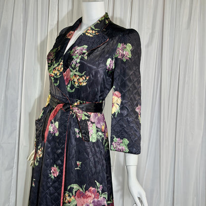 Vintage Dressing Gown Robe, 1940s Black Floral Quilted Satin Housecoat
