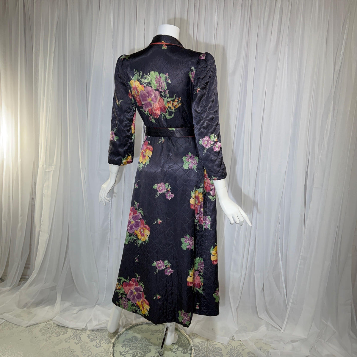 Vintage Dressing Gown Robe, 1940s Black Floral Quilted Satin Housecoat