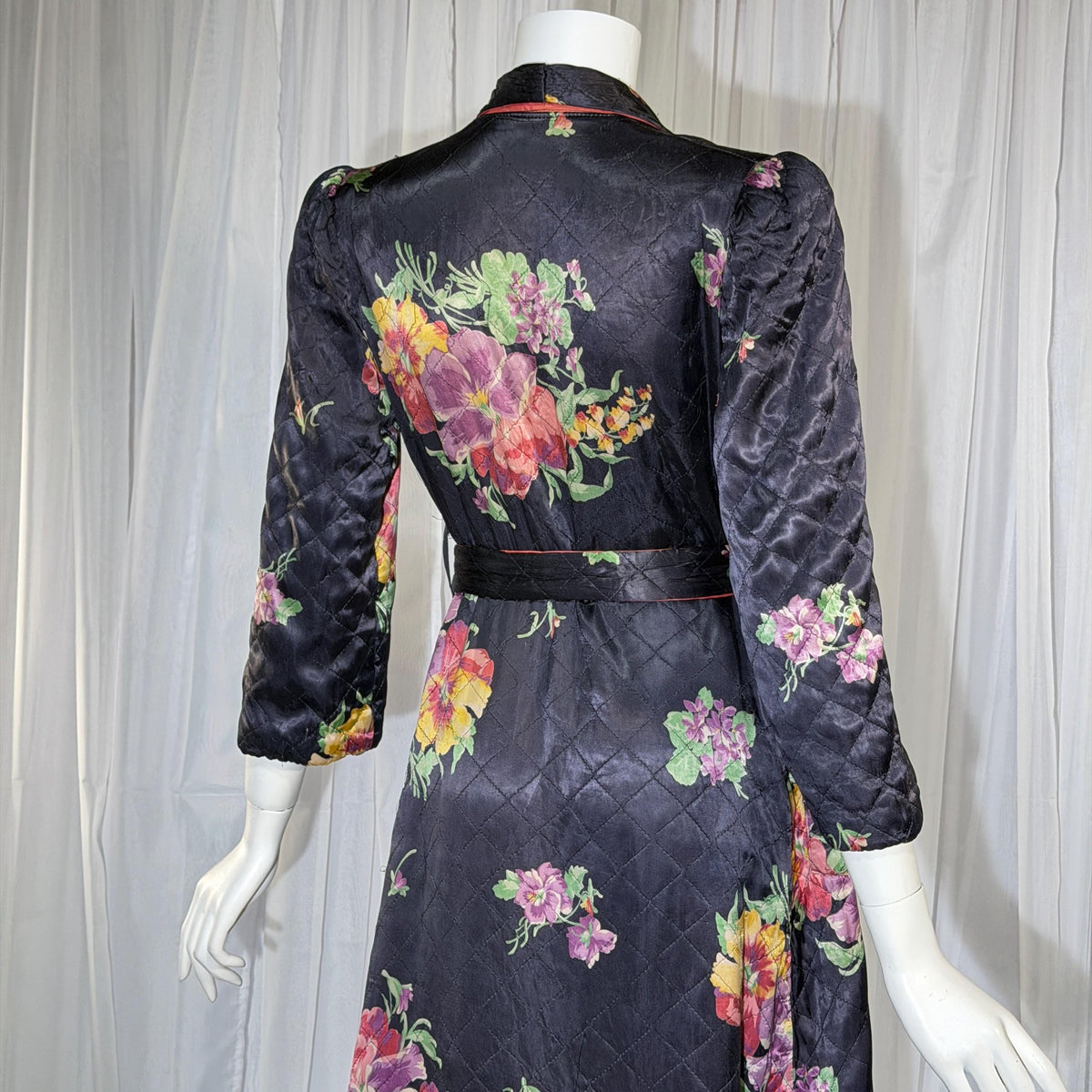 Vintage Dressing Gown Robe, 1940s Black Floral Quilted Satin Housecoat
