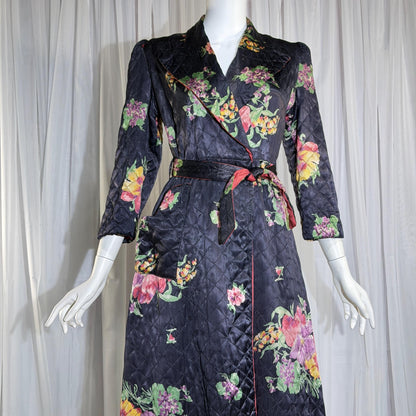 Vintage Dressing Gown Robe, 1940s Black Floral Quilted Satin Housecoat