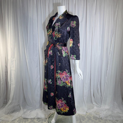 Vintage Dressing Gown Robe, 1940s Black Floral Quilted Satin Housecoat