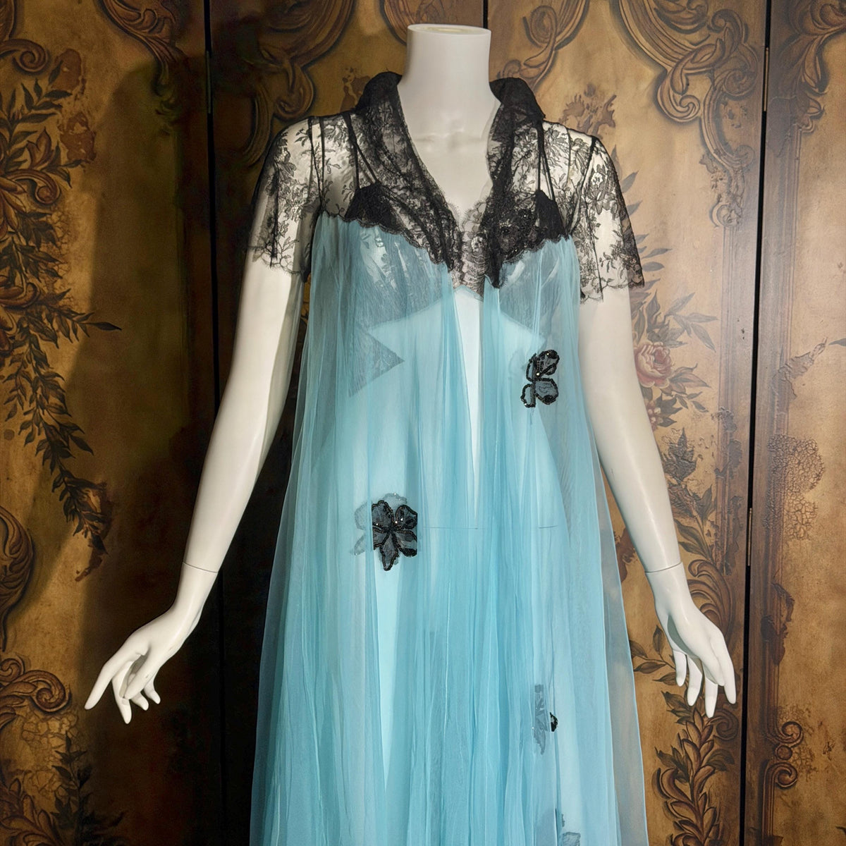 Vintage LUCIE ANN nightgown robe set, 1950s Totally Sheer blue and black peignoir lingerie slip dress