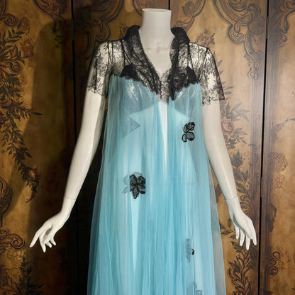 Vintage LUCIE ANN nightgown robe set, 1950s Totally Sheer blue and black peignoir lingerie slip dress