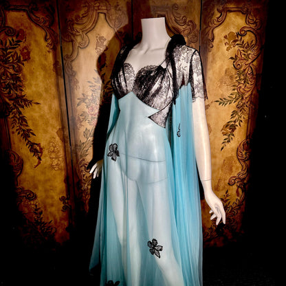 Vintage LUCIE ANN nightgown robe set, 1950s Totally Sheer blue and black peignoir lingerie slip dress