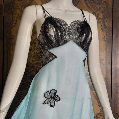 Vintage LUCIE ANN nightgown robe set, 1950s Totally Sheer blue and black peignoir lingerie slip dress