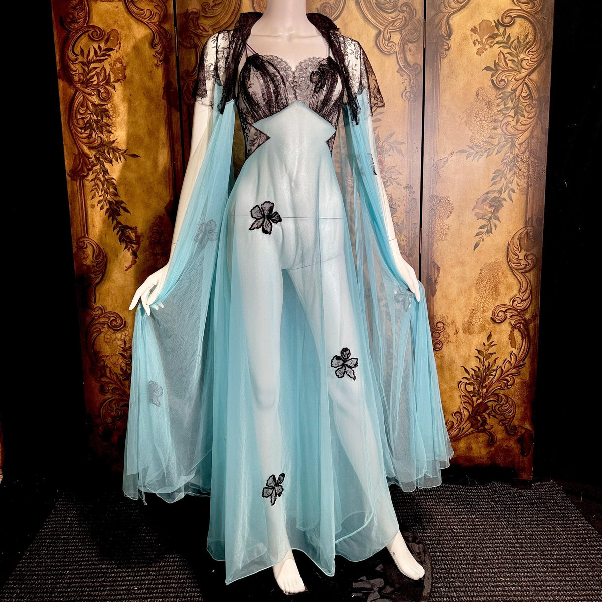 Vintage LUCIE ANN nightgown robe set, 1950s Totally Sheer blue and black peignoir lingerie slip dress