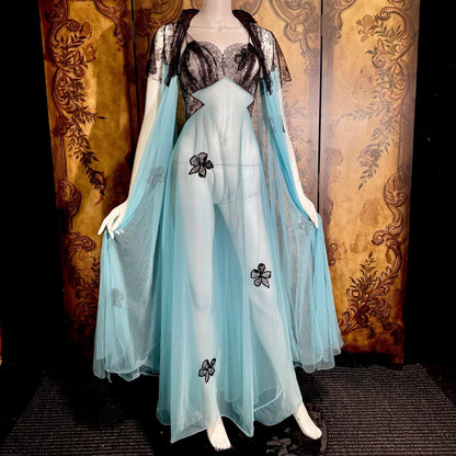 Vintage LUCIE ANN nightgown robe set, 1950s Totally Sheer blue and black peignoir lingerie slip dress