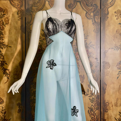 Vintage LUCIE ANN nightgown robe set, 1950s Totally Sheer blue and black peignoir lingerie slip dress