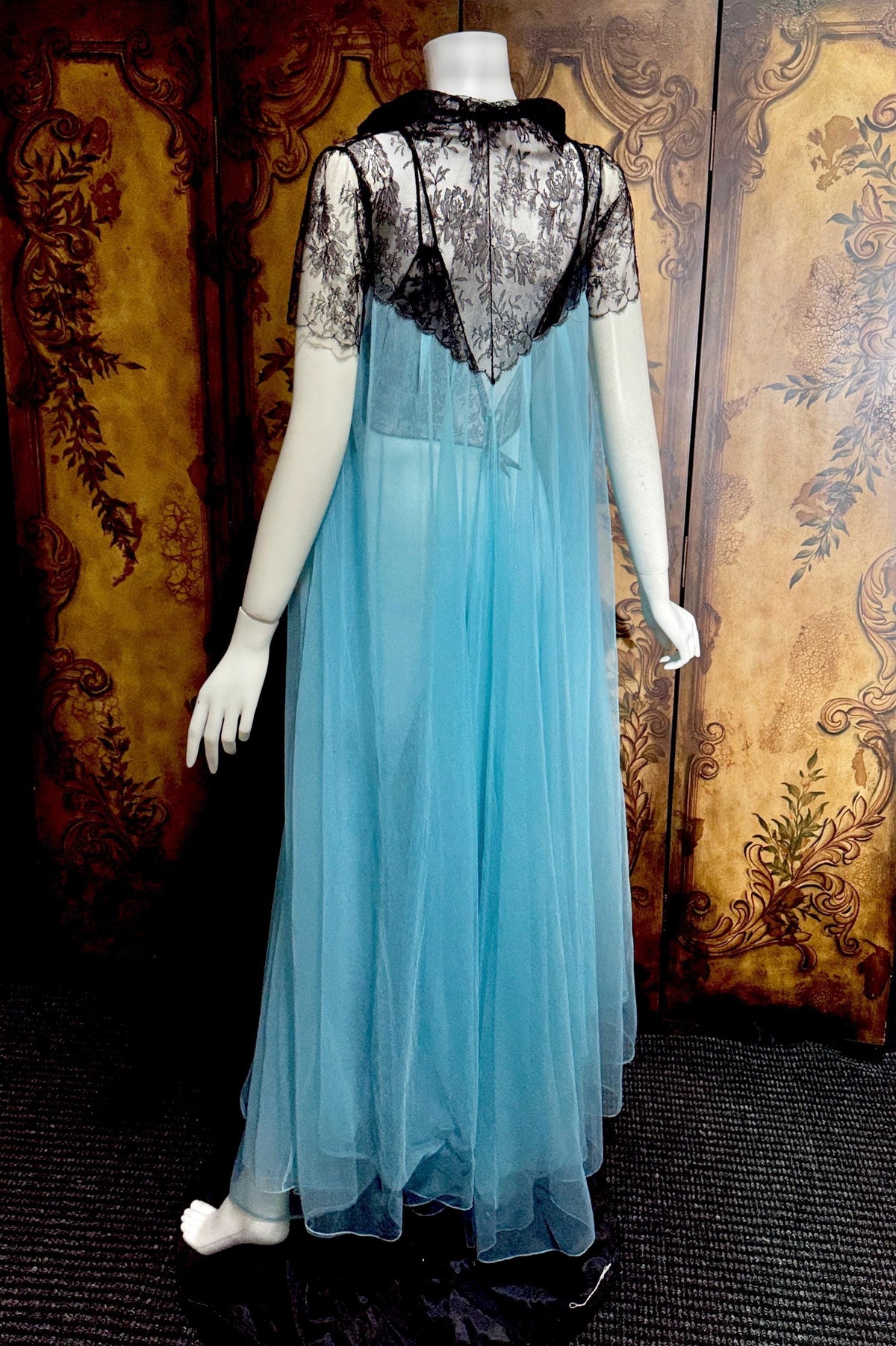 Vintage LUCIE ANN nightgown robe set, 1950s Totally Sheer blue and black peignoir lingerie slip dress