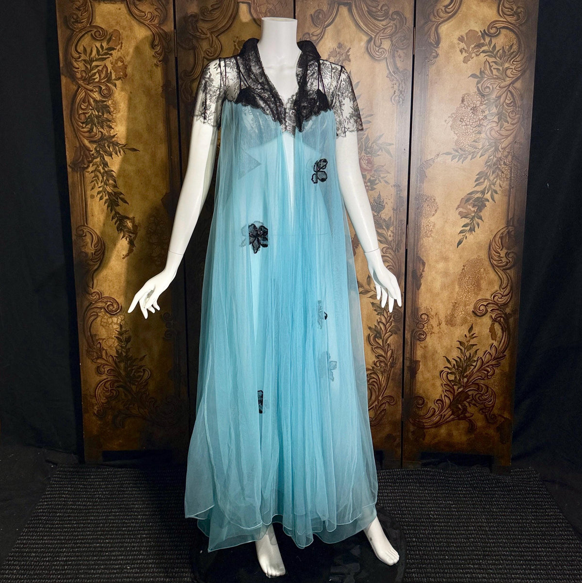 Vintage LUCIE ANN nightgown robe set, 1950s Totally Sheer blue and black peignoir lingerie slip dress