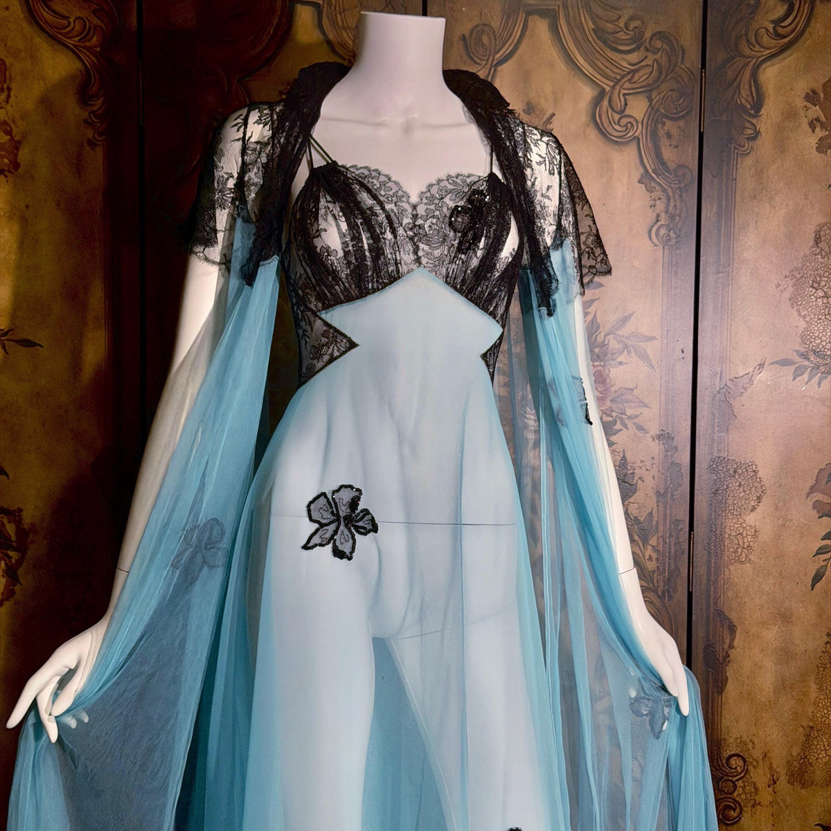 Vintage LUCIE ANN nightgown robe set, 1950s Totally Sheer blue and black peignoir lingerie slip dress