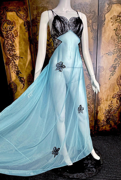 Vintage LUCIE ANN nightgown robe set, 1950s Totally Sheer blue and black peignoir lingerie slip dress