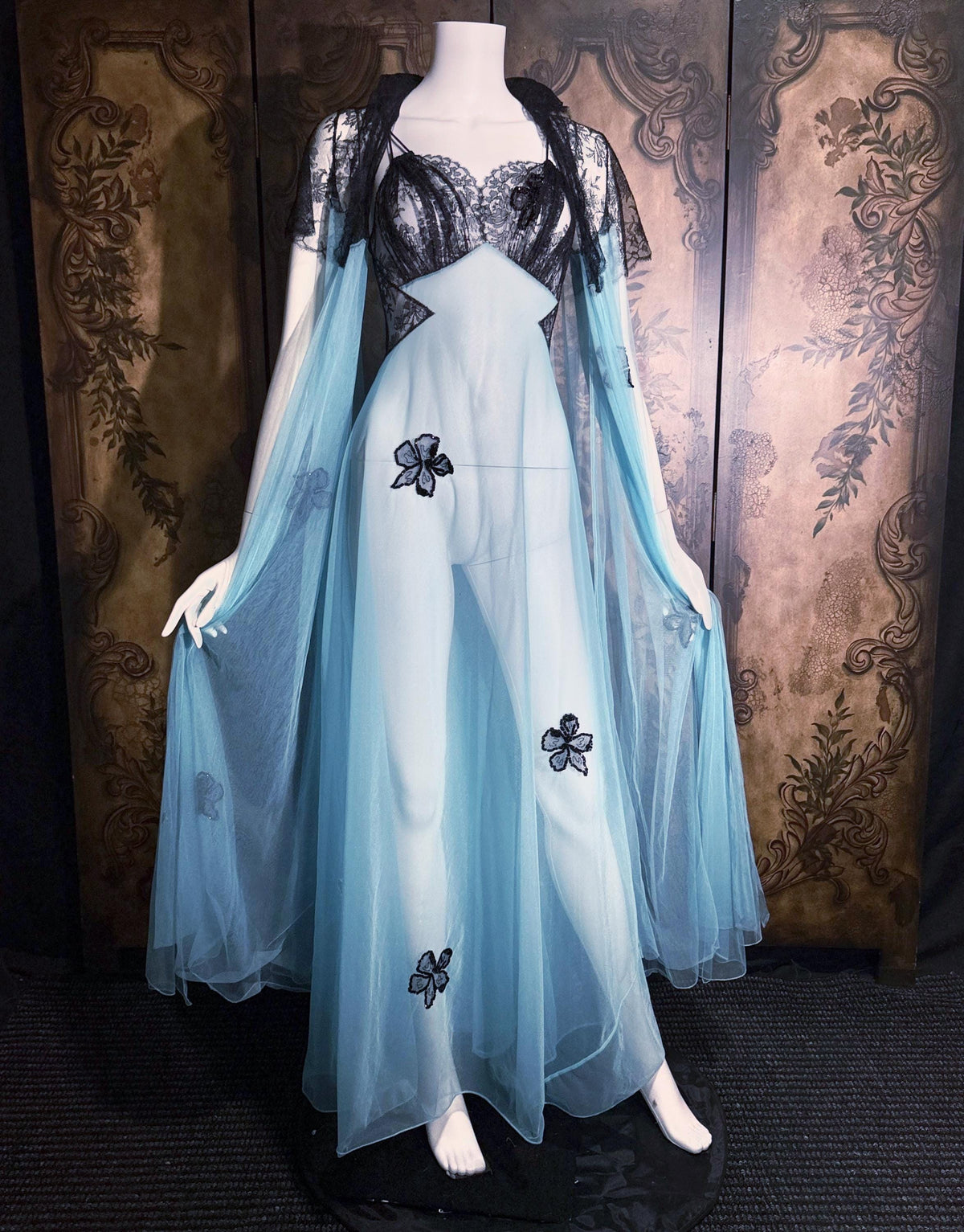 Vintage LUCIE ANN nightgown robe set, 1950s Totally Sheer blue and black peignoir lingerie slip dress