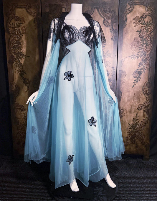 Vintage LUCIE ANN nightgown robe set, 1950s Totally Sheer blue and black peignoir lingerie slip dress