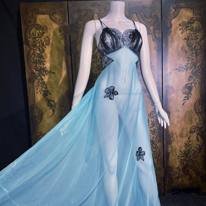 Vintage LUCIE ANN nightgown robe set, 1950s Totally Sheer blue and black peignoir lingerie slip dress